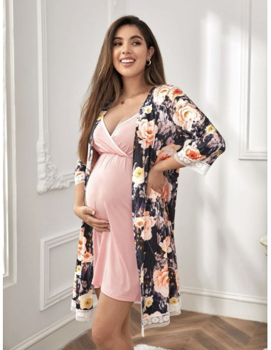 Maternidad-bata floral y vestido lencero