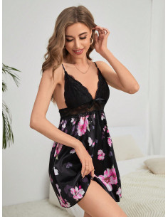 Vestido de dormir de tirantes con estampado floral con encaje en contraste de satén