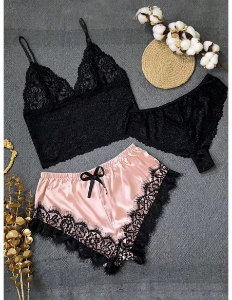 3 piezas Set de lencería con encaje floral