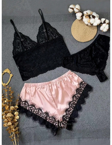 3 piezas Set de lencería con encaje floral