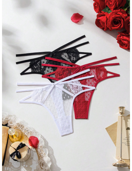 3 piezas Tanga con encaje floral con abertura 3 piezas Tanga con encaje floral con abertura