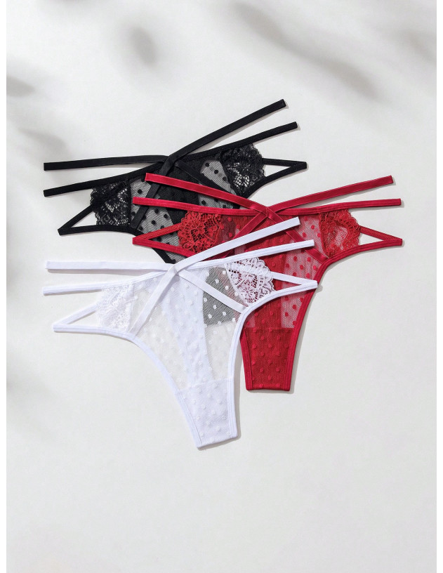 3 piezas Tanga con encaje floral con abertura 3 piezas Tanga con encaje floral con abertura