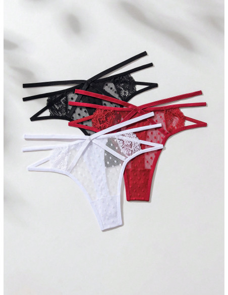 3 piezas Tanga con encaje floral con abertura 3 piezas Tanga con encaje floral con abertura