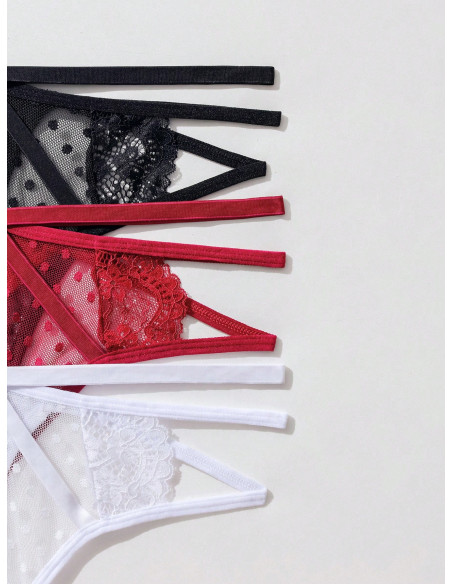3 piezas Tanga con encaje floral con abertura 3 piezas Tanga con encaje floral con abertura