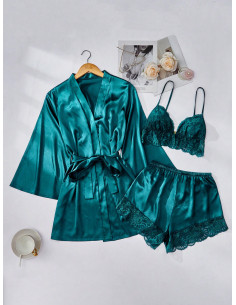 con encaje en contraste con cinturón de satén Bata & Conjunto de pijama shorts con top de tirantes 2