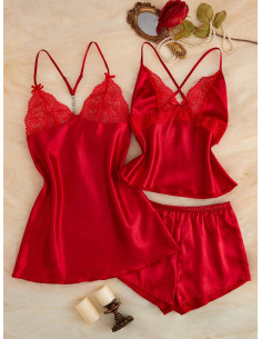 Conjunto de pijama shorts con top de tirantes con encaje en contraste de satén