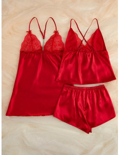 Conjunto de pijama shorts con top de tirantes con encaje en contraste de satén 2