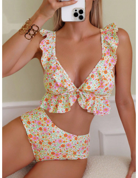 SHEIN Swim Mod Bañador bikini floral ribete con fruncido