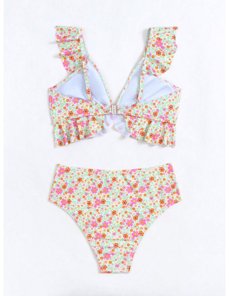 SHEIN Swim Mod Bañador bikini floral ribete con fruncido