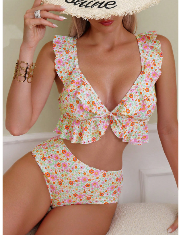 SHEIN Swim Mod Bañador bikini floral ribete con fruncido