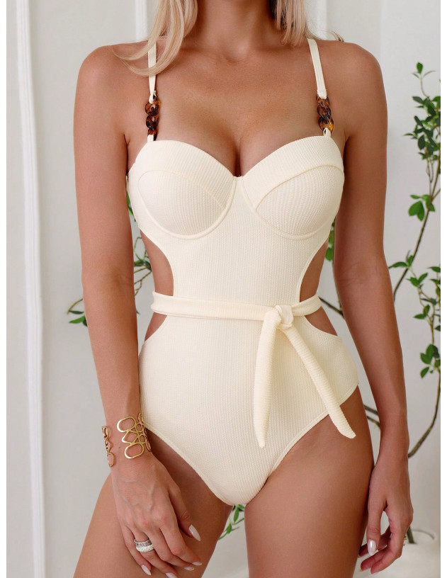 SHEIN Swim Chicsea Bañador una pieza tejido de canalé de cintura con abertura con cinturón