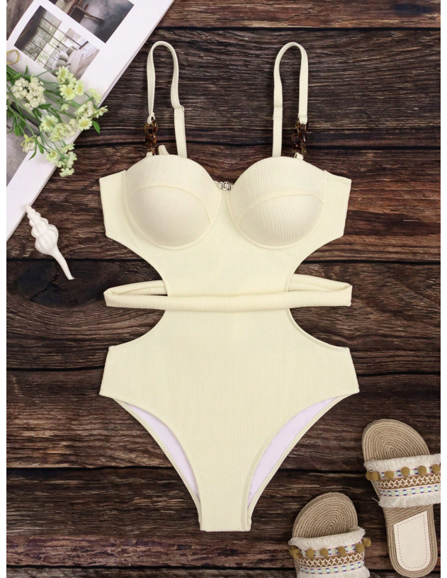 SHEIN Swim Chicsea Bañador una pieza tejido de canalé de cintura con abertura con cinturón