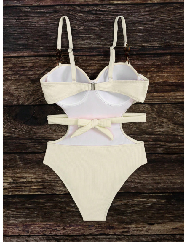 SHEIN Swim Chicsea Bañador una pieza tejido de canalé de cintura con abertura con cinturón