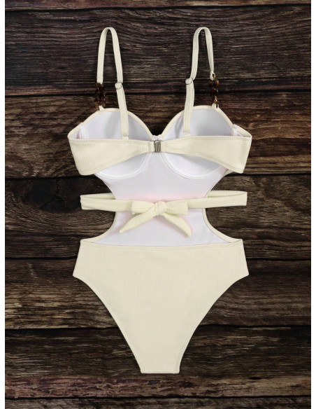 SHEIN Swim Chicsea Bañador una pieza tejido de canalé de cintura con abertura con cinturón