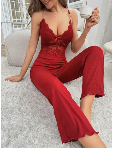 Mono de tirantes con encaje en contraste ribete en forma de lechuga de dormir