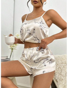 Conjunto de pijama con estampado de corazón unido en contraste de satén