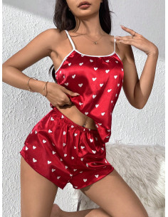 Conjunto de pijama con estampado de corazón unido en contraste de satén 2