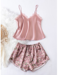 Conjunto de pijama con estampado floral con diseño de encaje con cordón delantero de satén