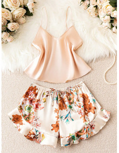 Conjunto de pijama shorts con top de tirantes con estampado floral de satén 2