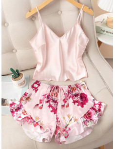 Conjunto de pijama shorts con top de tirantes con estampado floral de satén