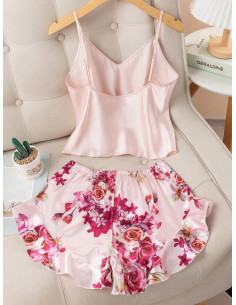 Conjunto de pijama shorts con top de tirantes con estampado floral de satén 2