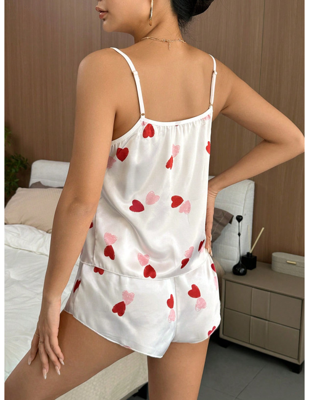 Conjunto de pijama shorts con top de tirantes con estampado de corazón de satén