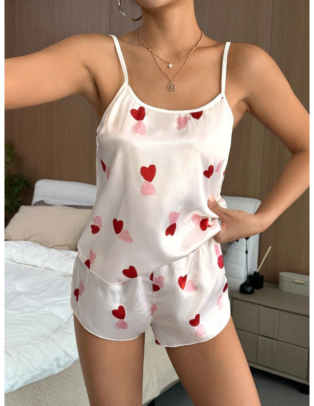Conjunto de pijama shorts con top de tirantes con estampado de corazón de satén