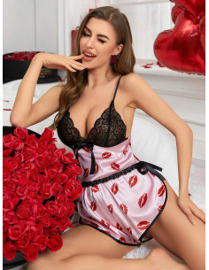 Conjunto De Pijama De Encaje Con Parche De Estampado De Labios Para Mujer