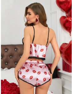 Conjunto De Pijama De Encaje Con Parche De Estampado De Labios Para Mujer 2