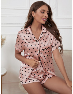 Conjunto de pijama camisa con shorts con estampado de corazón ribete en contraste de satén 2