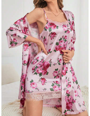 Conjunto de pijama Bata con estampado floral con encaje en contraste con cinturón de satén & Vestido de tirantes