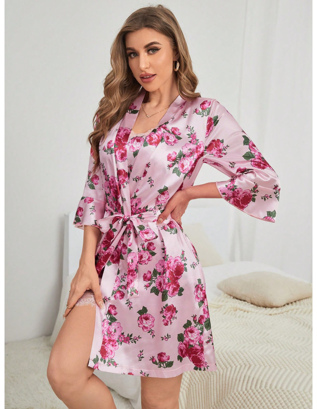 Conjunto de pijama Bata con estampado floral con encaje en contraste con cinturón de satén & Vestido de tirantes Conjunto de pijama Bata con estampado floral con encaje en contraste con cinturón de satén & Vestido de tirantes