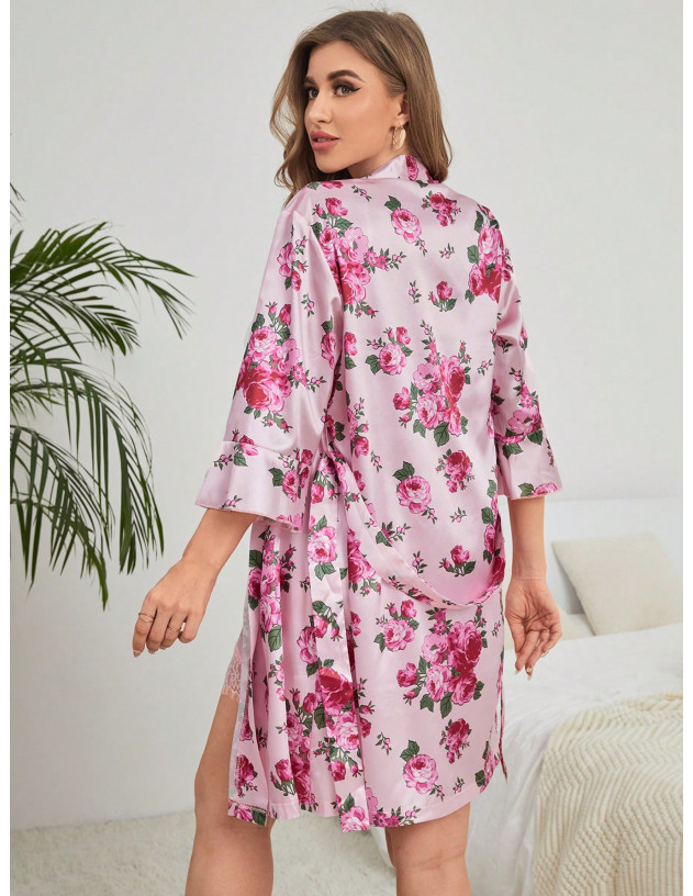 Conjunto de pijama Bata con estampado floral con encaje en contraste con cinturón de satén & Vestido de tirantes Conjunto de pijama Bata con estampado floral con encaje en contraste con cinturón de satén & Vestido de tirantes