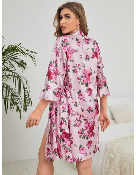 Conjunto de pijama Bata con estampado floral con encaje en contraste con cinturón de satén & Vestido de tirantes Conjunto de pijama Bata con estampado floral con encaje en contraste con cinturón de satén & Vestido de tirantes