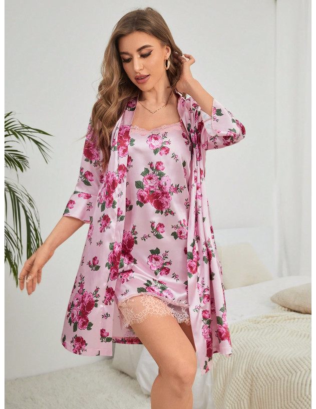 Conjunto de pijama Bata con estampado floral con encaje en contraste con cinturón de satén & Vestido de tirantes Conjunto de pijama Bata con estampado floral con encaje en contraste con cinturón de satén & Vestido de tirantes