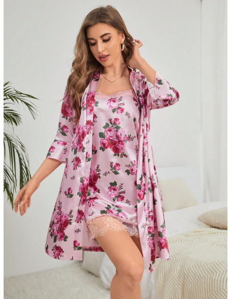 Conjunto de pijama Bata con estampado floral con encaje en contraste con cinturón de satén & Vestido de tirantes Conjunto de pijama Bata con estampado floral con encaje en contraste con cinturón de satén & Vestido de tirantes