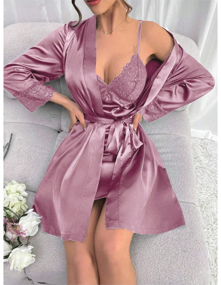 Conjunto De Camisón Con Encaje Para Mujeres Con Vestido Cami Y Bata Con Cinturón