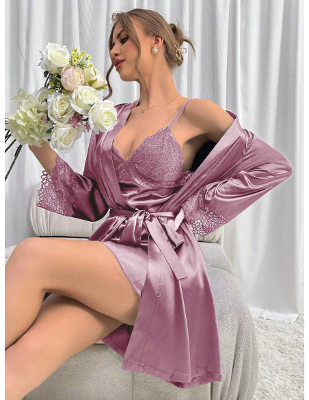 Conjunto De Camisón Con Encaje Para Mujeres Con Vestido Cami Y Bata Con Cinturón