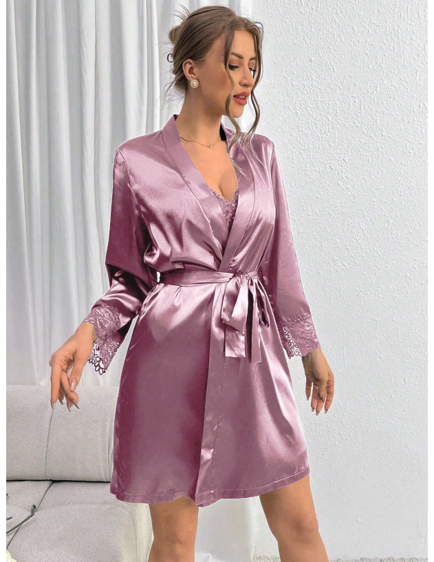 Conjunto De Camisón Con Encaje Para Mujeres Con Vestido Cami Y Bata Con Cinturón