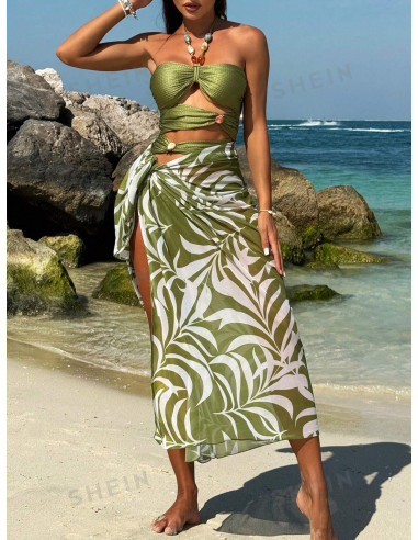 Bikinx Conjunto De Playa De Bikini Con Falda Maxi Transparente Con Estampado De Plantas Bohemias Para Mujer