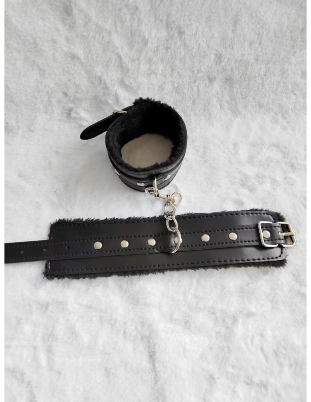 2 piezas set de esposas sexys de felpa de PU de juego negro, parche para los ojos con los ojos vendados, de 2 suministros para