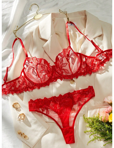 Conjunto De Lencería Sexy Bordada Para Mujeres Con Aros De Acero (edición Del Día De San Valentín)