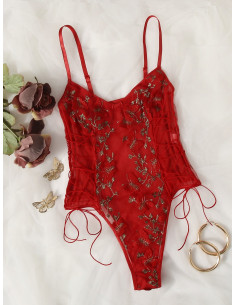 Body teddy con malla con bordado de mariposa