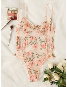 Body teddy con malla con bordado de mariposa 2