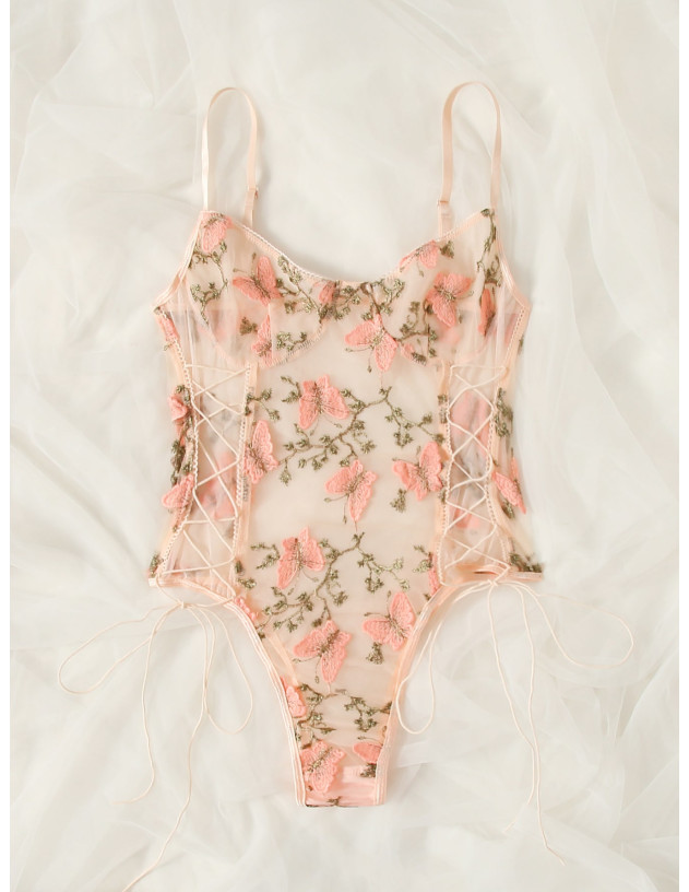 Body teddy con malla con bordado de mariposa