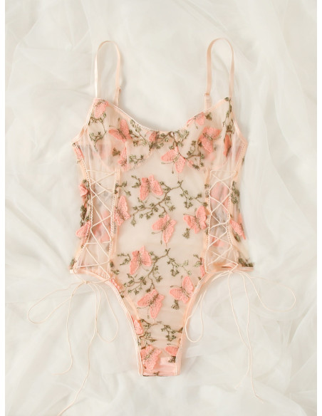 Body teddy con malla con bordado de mariposa