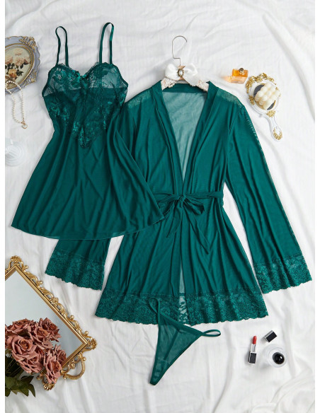 SHEIN Conjunto De Lencería Sexy De Malla De Encaje Dividido