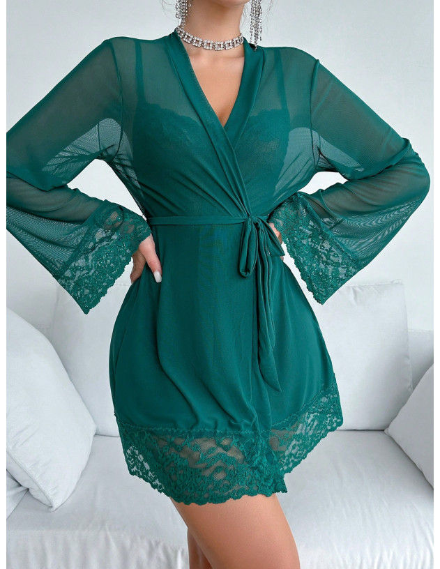 SHEIN Conjunto De Lencería Sexy De Malla De Encaje Dividido