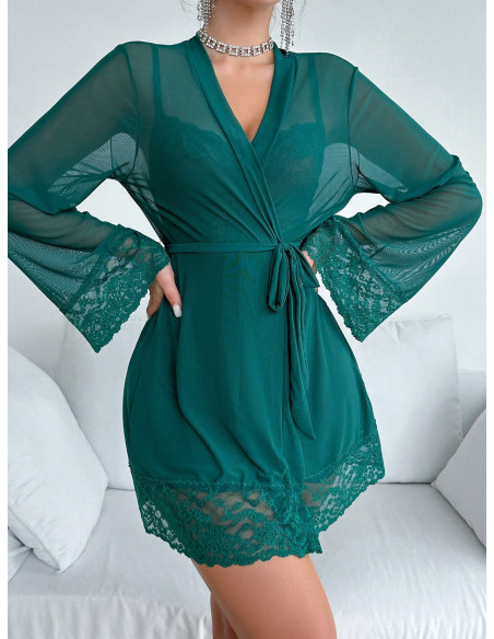 SHEIN Conjunto De Lencería Sexy De Malla De Encaje Dividido