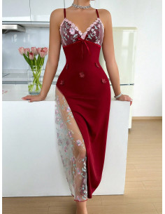 Camisón De Malla Bordado De Flores De Mujers Con Parches